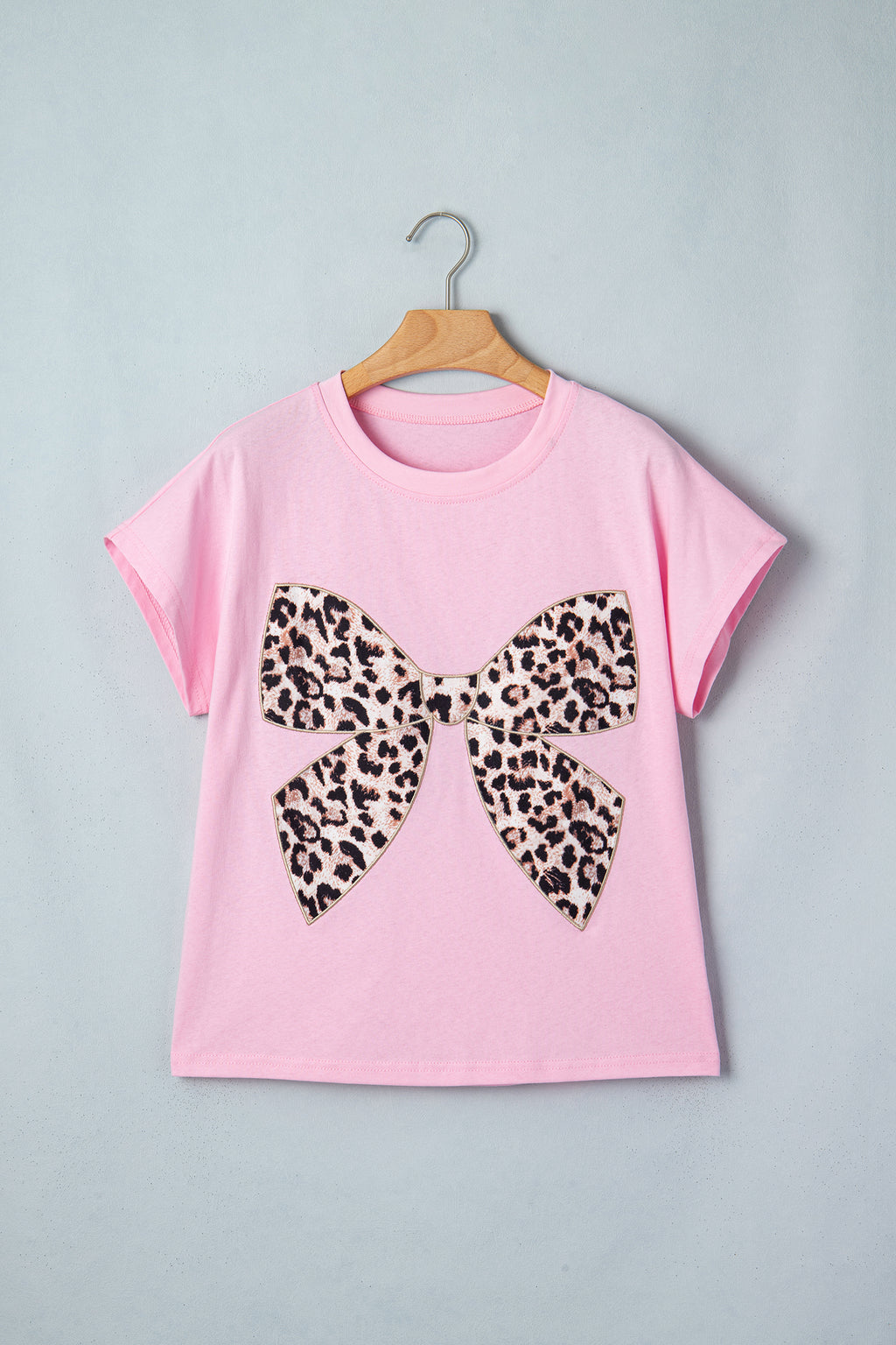 White Leopard Bow Embroidered Cotton Round Neck T Shirt