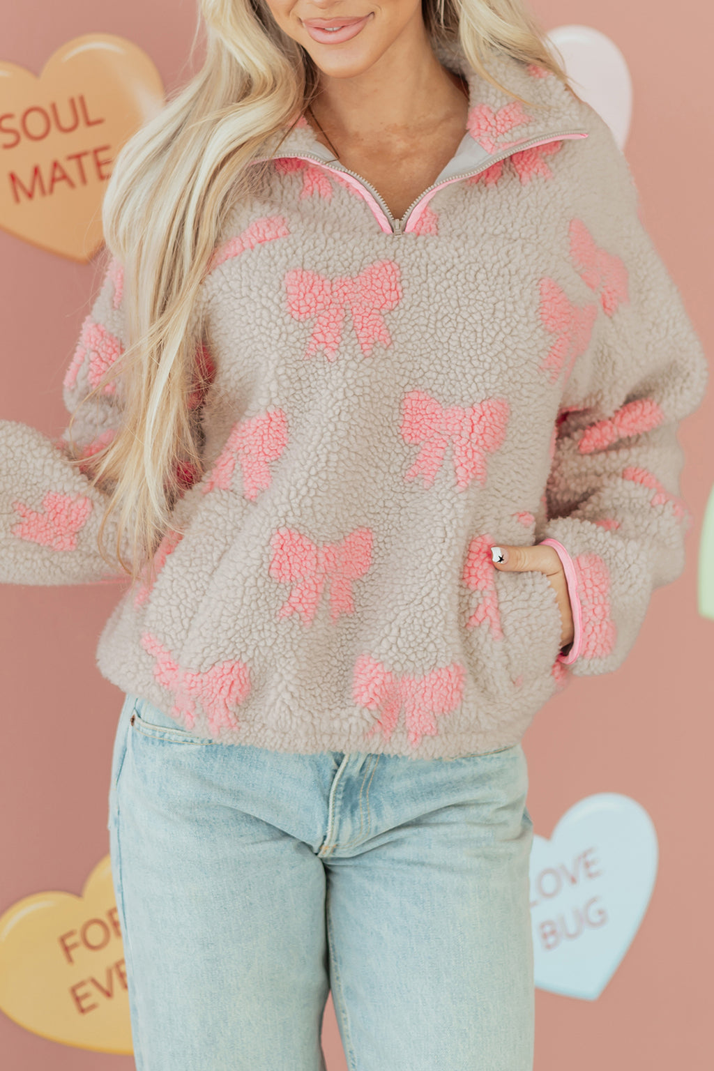 Gray Bow Sherpa Quarter Zip Drop Shoulder Baggy Sweatshirt