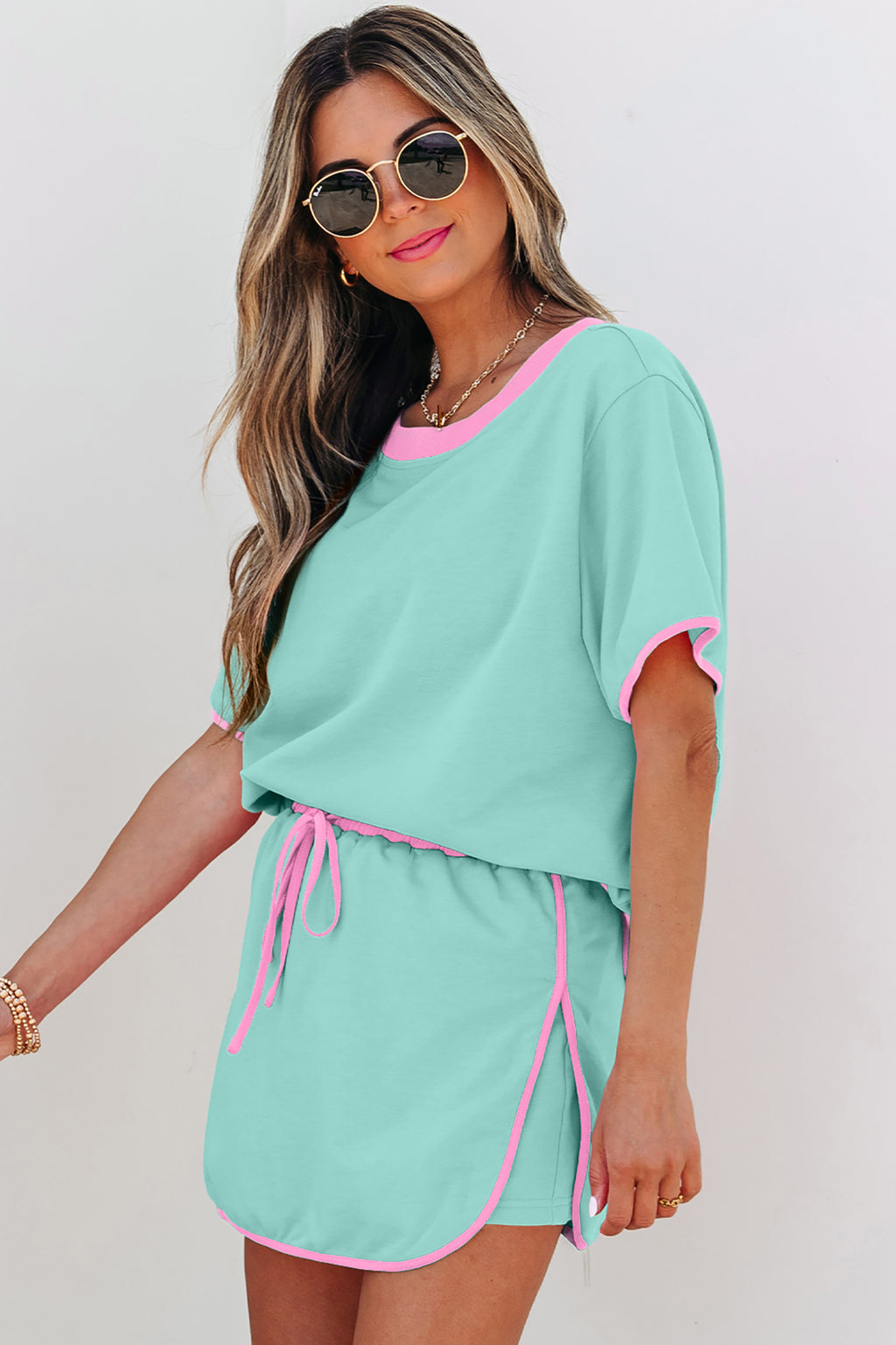 Black Colorblock Edge Drop Shoulder T Shirt and Skort 2Pcs Set