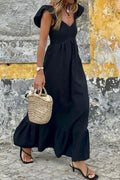 Black V Neck Flutter Sleeve Smocked Bodice High Waist Ruffle Maxi Dress