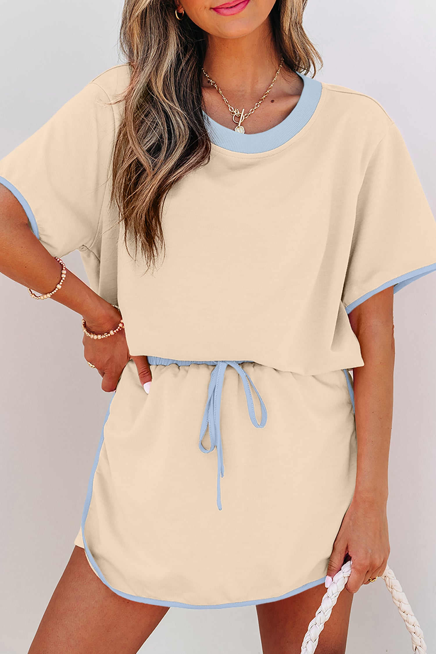 Black Colorblock Edge Drop Shoulder T Shirt and Skort 2Pcs Set