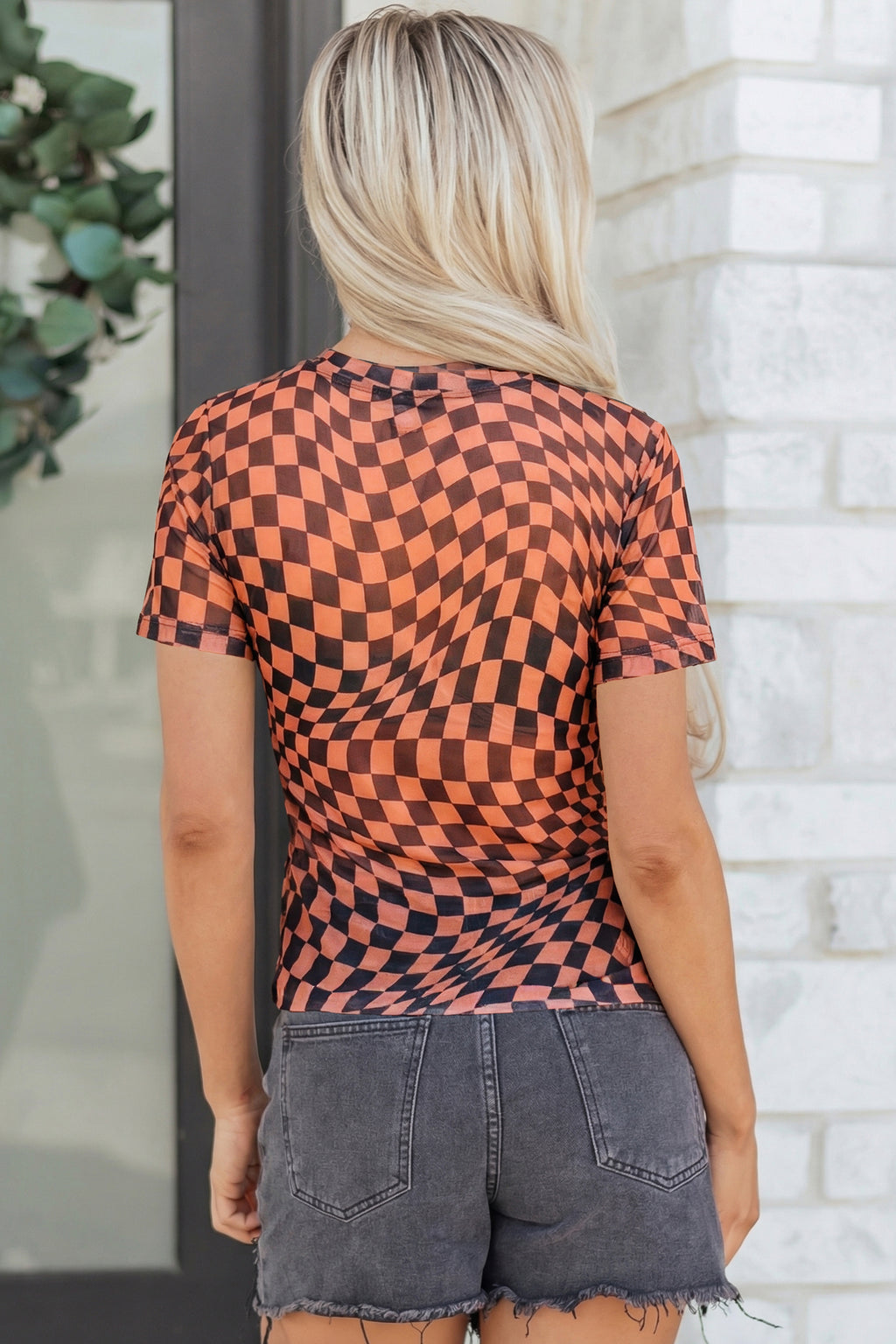 Black Checkered Print Crew Neck Mesh T Shirt