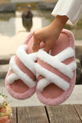 Pink Plus Contrast Trim Crossed Band Open Toe Casual Slippers