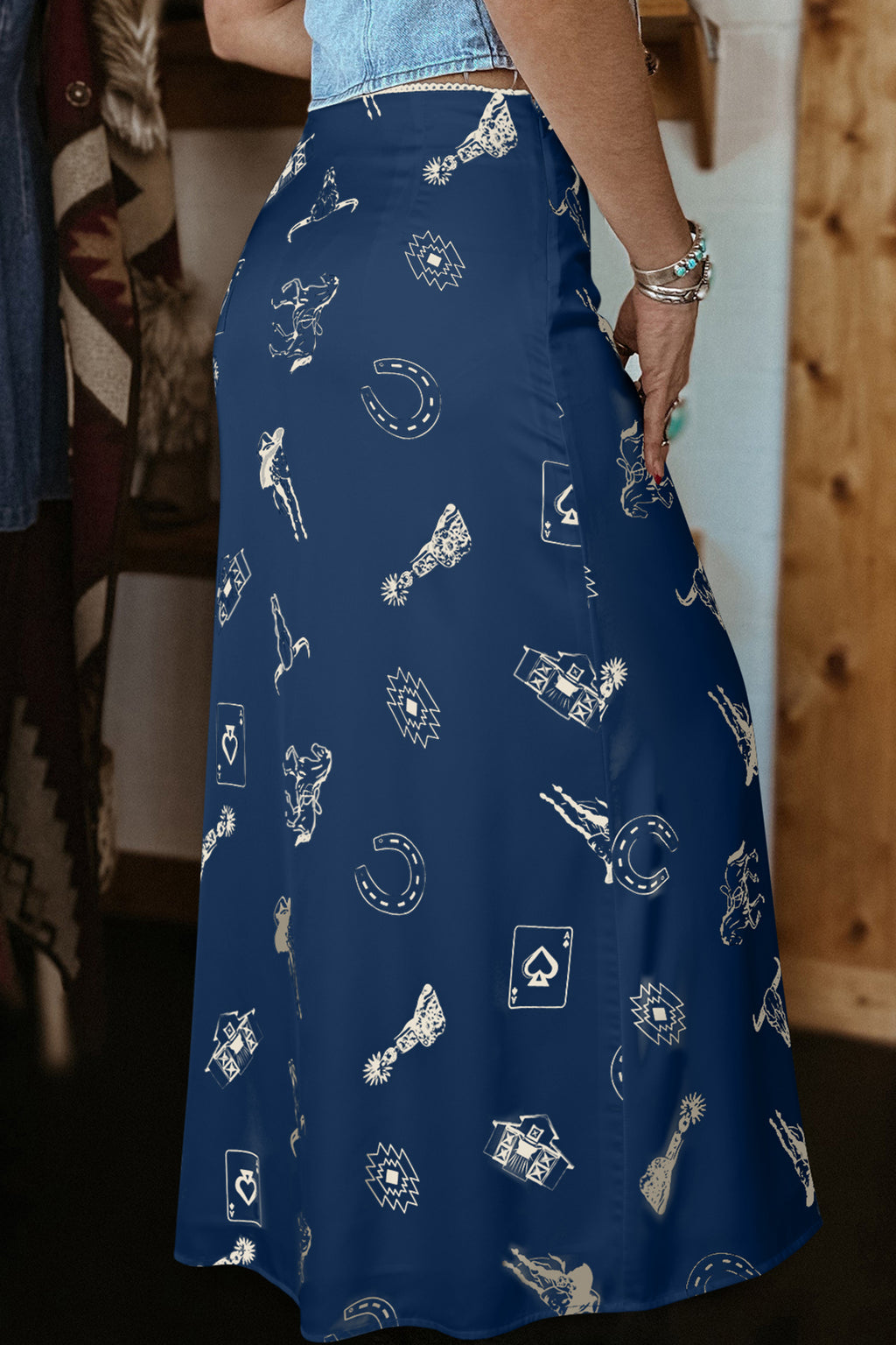 Beige Western Print Satin Long Skirt