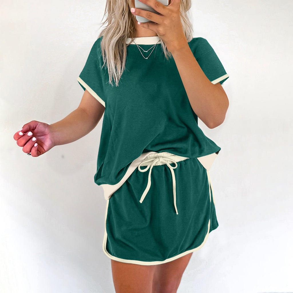 Black Colorblock Edge Drop Shoulder T Shirt and Skort 2Pcs Set