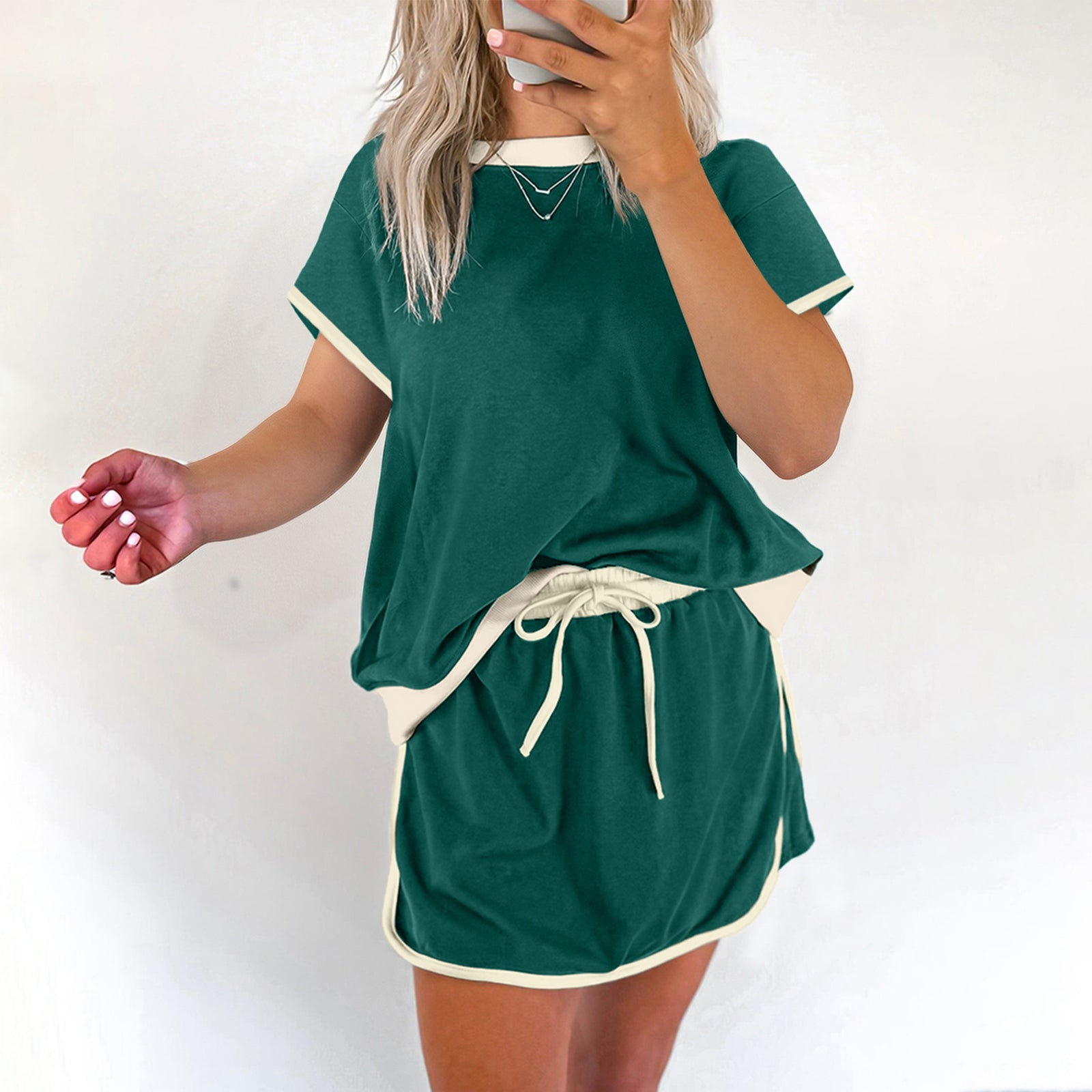 Black Colorblock Edge Drop Shoulder T Shirt and Skort 2Pcs Set