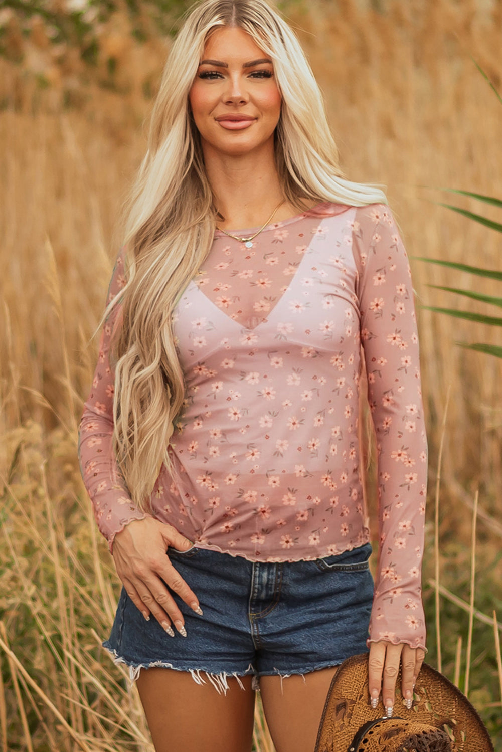 Laurel Green Vintage Floral Print Southern Style Mesh Long Sleeve Top