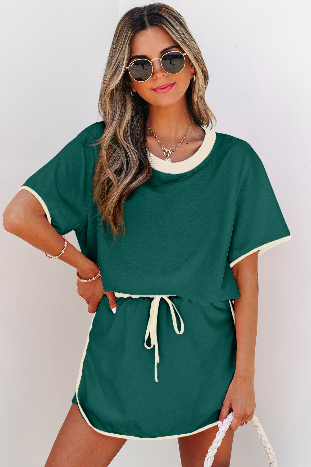 Black Colorblock Edge Drop Shoulder T Shirt and Skort 2Pcs Set