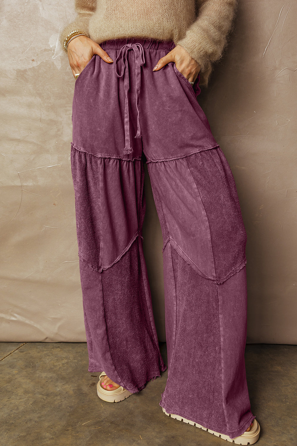 Black Mineral Wash Tiered Wide Leg Patchwork Drawstring Pants