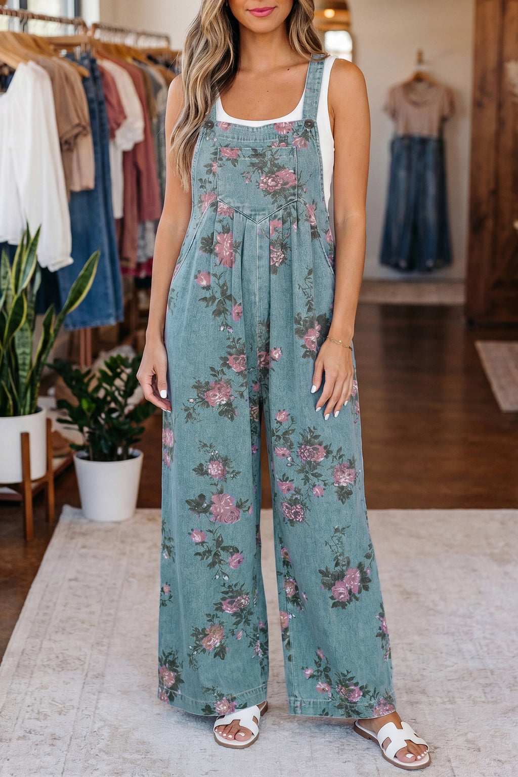 Blue Beau Floral Print Pleated High Waist Wide Leg Denim Jumpsuit