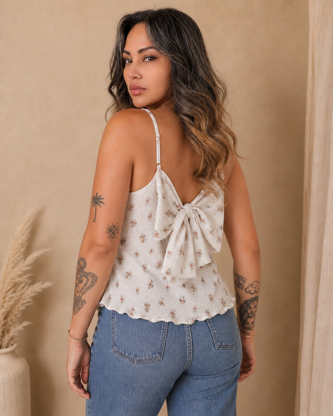 Ivory Floral Bow-Back Tank Top